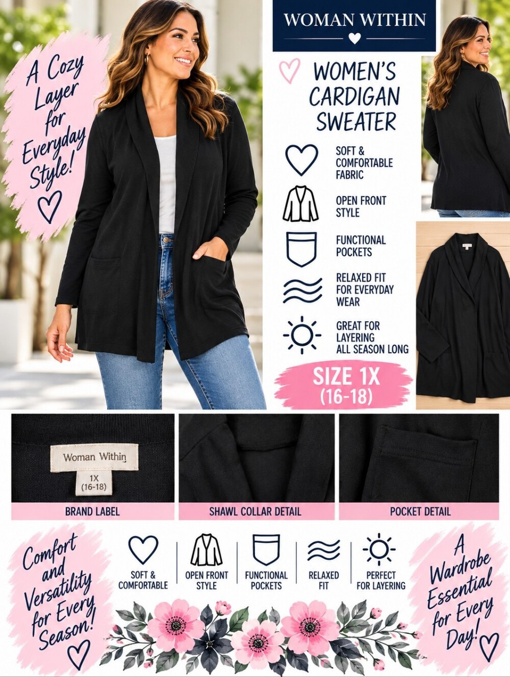 Woman within Women's 1X black pocket cardigan sweater #35